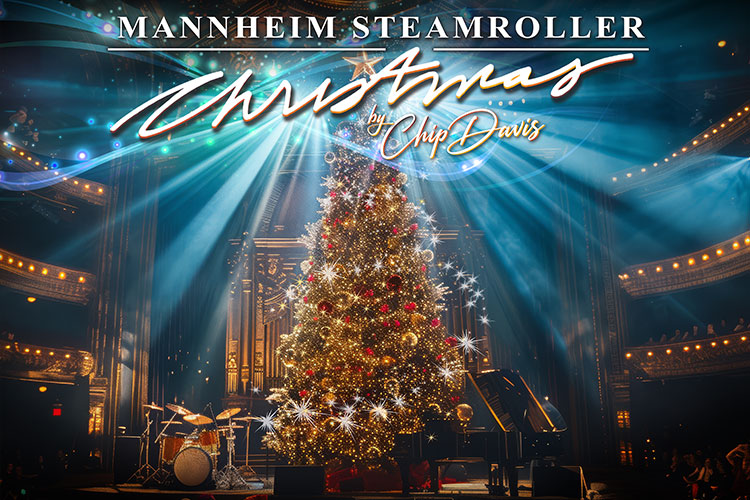 Mannheim Steamroller Christmas by Chip Davis logo and a Christmas tree.